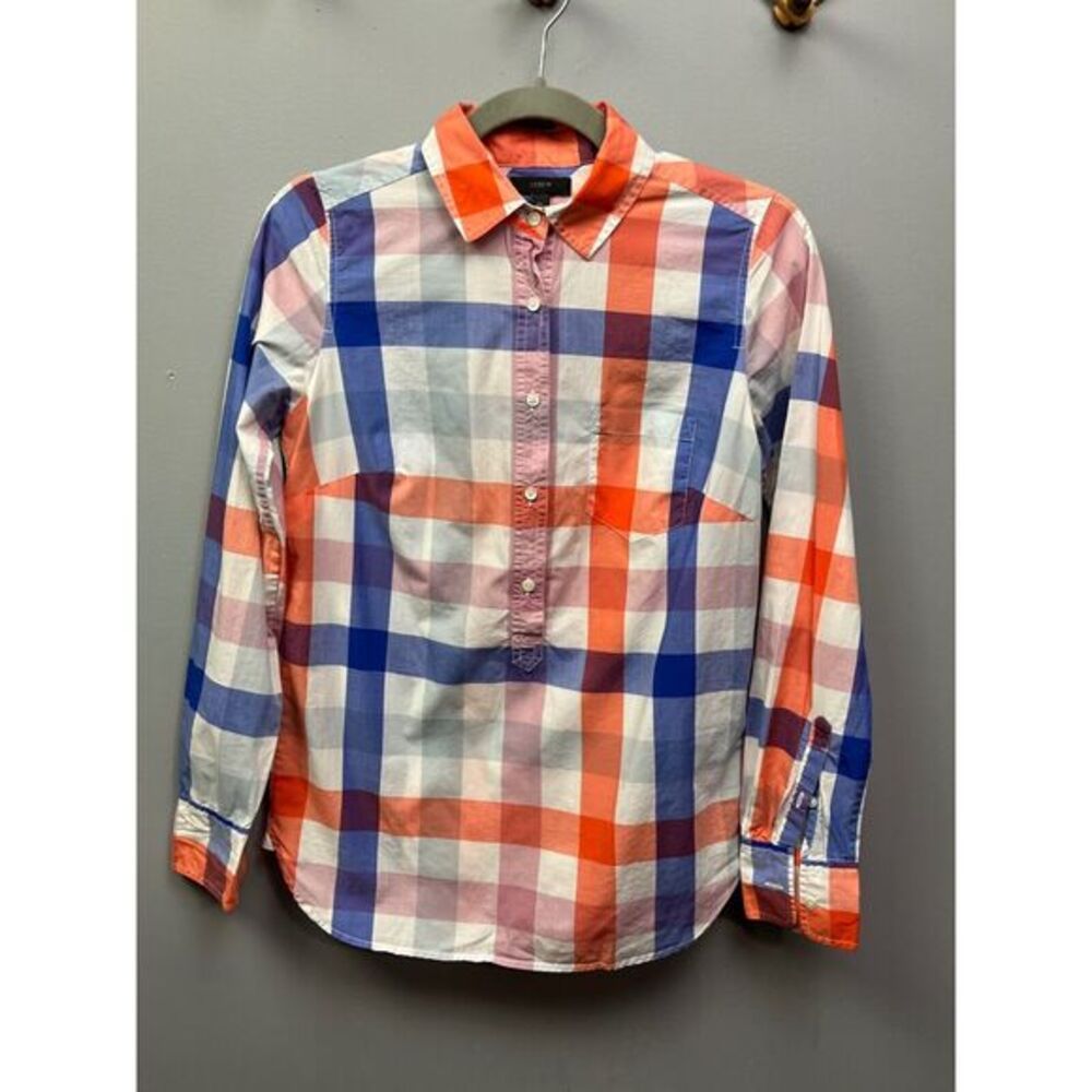 J Crew Blouse Womens size 00 Plaid popover long sleeve Orange/Blue Top